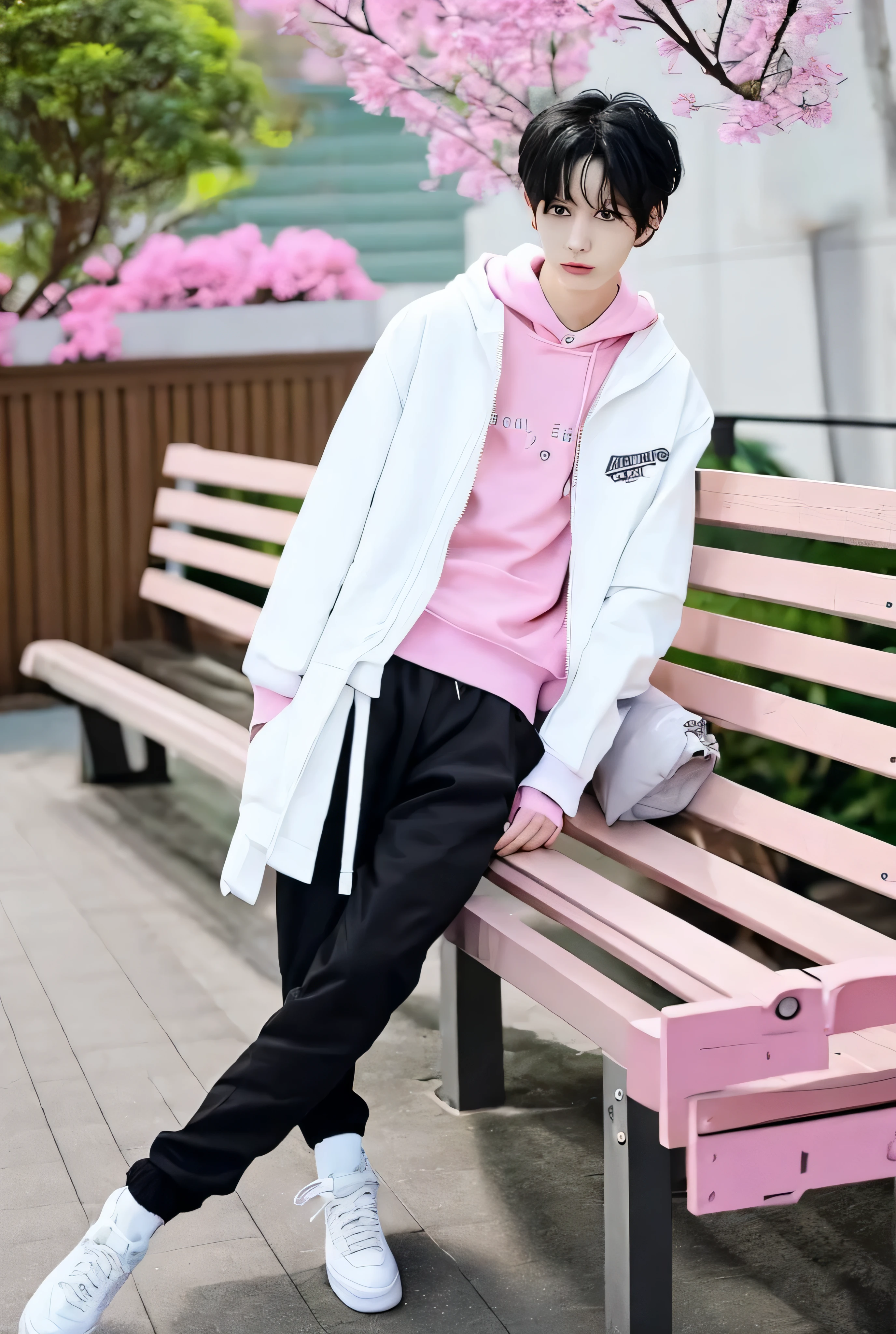  arafed male in a white jacket and pink shirt standing on a bench, with black hair, male ulzzang, kim doyoung, cute boy with short black hair, cai xukun, hong june hyung, koyoharu gotouge, black short hair, with short hair, spring day, hyung tae, short pink hair, wearing a pastel black hoodie