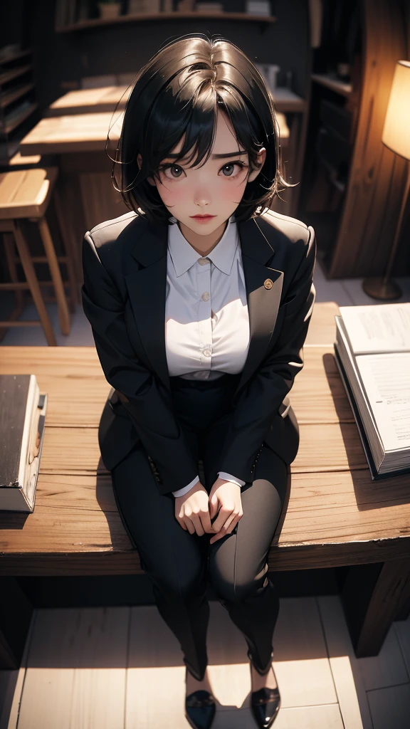 ((Highly detailed CG unit 8k wallpaper, masterpiece, High resolution, highest quality, highest qualityのリアルテクスチャスキン)), ((woman sitting at a wooden desk:1.3, sharp eyes, short hair, Nana Komatsu, black pants suit:1.2, He wears a black suit jacket over a white Y-shirt with an open chest.:1.2, high heels)), (((indoors of an abandoned building, evening))), (Angle from above:1.3, Fisheye Shot:1.5), hyper realistic, digital painting, concept art,