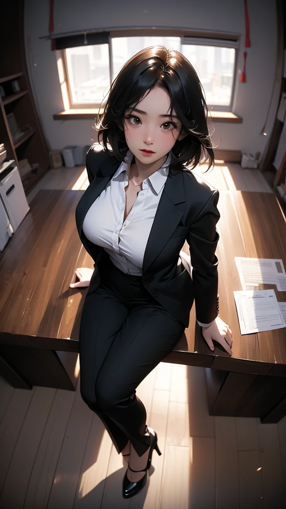 ((Highly detailed CG unit 8k wallpaper, masterpiece, High resolution, highest quality, highest qualityのリアルテクスチャスキン)), ((woman sitting at a wooden desk:1.3, sharp eyes, short hair, Nana Komatsu, black pants suit:1.2, He wears a black suit jacket over a white Y-shirt with an open chest.:1.2, high heels)), (((indoors of an abandoned building, evening))), (Angle from above:1.3, Fisheye Shot:1.5), hyper realistic, digital painting, concept art,