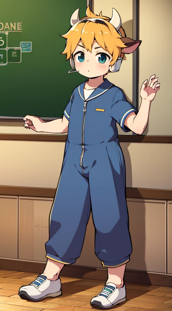 2D boy Shota,one piece pajamas,Put the headphones on your head,standing,goggles,horns,cow ears,sports shoes,classroom,