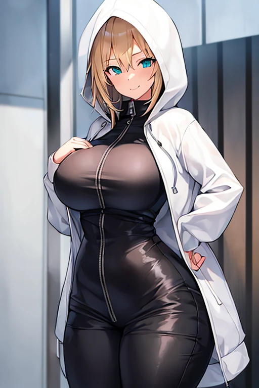 1girl, hood, jacket, hooded jacket, hood on, hood up, blonde hair, large breasts, breasts, wide hips, thick thighs, hourglass figure, white jacket, black shirt, shirt, very short hair, pants, black pants, smile, toned, toned female, urban, mature female, tall, tall female, zipper