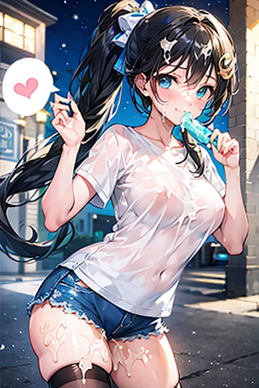 Tazune rirei, nsfw, 8k, ultra-detailed, Masterpiece, best quality, perfect lighting, aqua eyes, black hair, side ponytail, (loli:1.3), (bukkake:1.5), (cum on face:1.5), (cum on hair:1.5), ((cum in mouth)), nipple peek, pink areola, 1girl, solo, day, street, looking at viewer, spoken heart, kids performance t-shirt, blue shorts, thigh-high socks, portrait, bokeh, blush, smile, ((closed mouth))