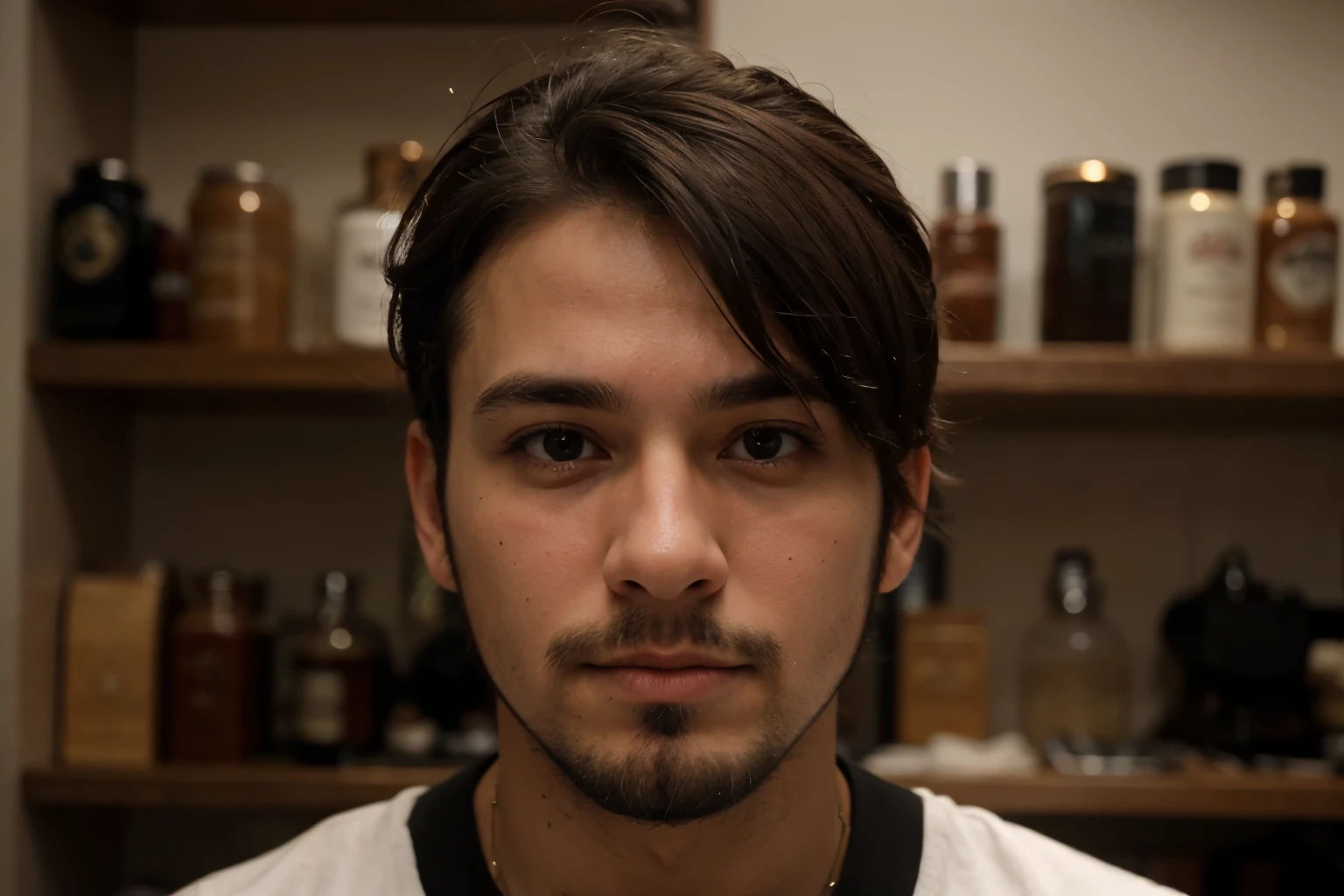 portrait of an adult man about 23 years old with a full beard, cabello negro y corto con ojeras marcadas y rostro gastado