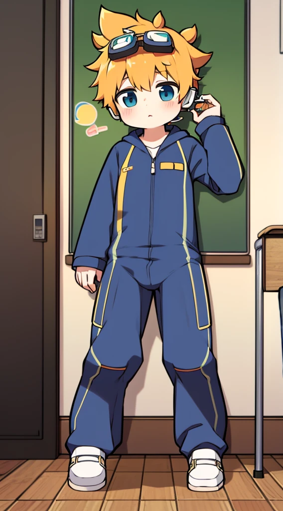 2D boy Shota,One-piece mountaineering suit,Put the headphones on your head,standing,goggles,horns,cow ears,sports shoes,classroom,