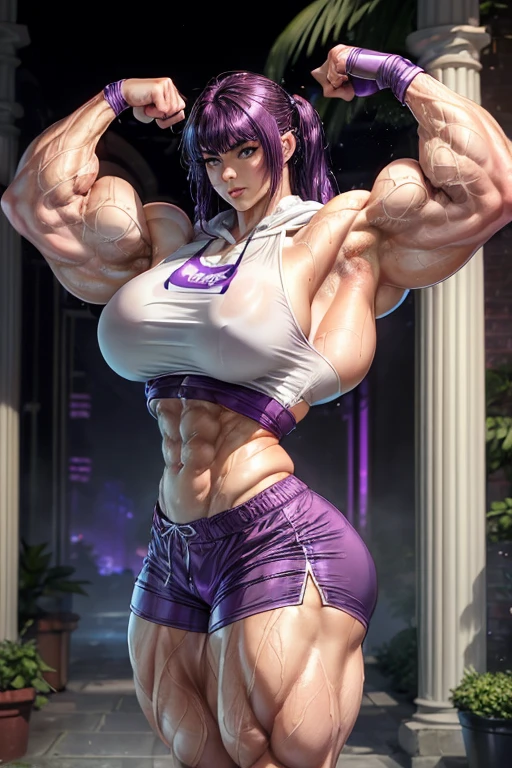 ((((Massive tall, beautiful, buff, wet, pale white skinned muscular woman with wet dark purple hair, ginormous muscles, flexing biceps and wearing a violet purple cropped hoodie violet purple dolphin shorts)))), close view, massive muscle, massive biceps, hyper muscle shoulders, ((massive muscle arms)) vascular shoulders, hyper muscle triceps, (long hair with long bangs), black eyes, choker, sneakers, in a hot outdoors gym, (fingerless gloves), confident smirk, night, hyper vascular arm, hyper muscles arms, hyper muscle legs, (massive arms).