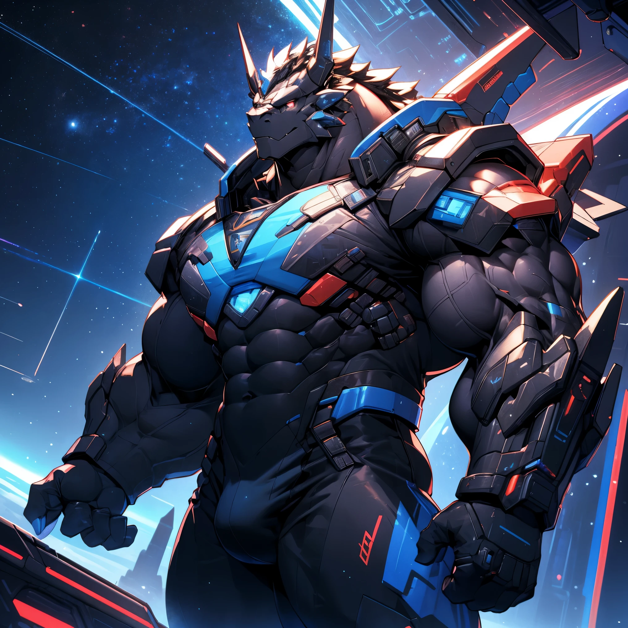 Very muscular black dragon, Large pecs, Heavyweight, Bodybuilder figure, Wearing cyberpunk mecha, dress, Big bulge in crotch, Viewing the Milky Way from a spaceship, in the universe, Bright smile emoticon, sparkling skin, Vibrant colors, 4K, realism, cool lights