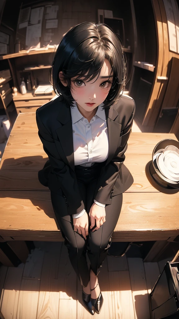 ((Highly detailed CG unit 8k wallpaper, masterpiece, High resolution, highest quality, highest qualityのリアルテクスチャスキン)), ((woman sitting at a wooden desk:1.3, sharp eyes, short hair, Nana Komatsu, black pants suit:1.2, He wears a black suit jacket over a white Y-shirt with an open chest.:1.2, high heels)), (((indoors of an abandoned building, evening))), (Angle from above:1.3, Fisheye Shot:1.5), hyper realistic, digital painting, concept art,