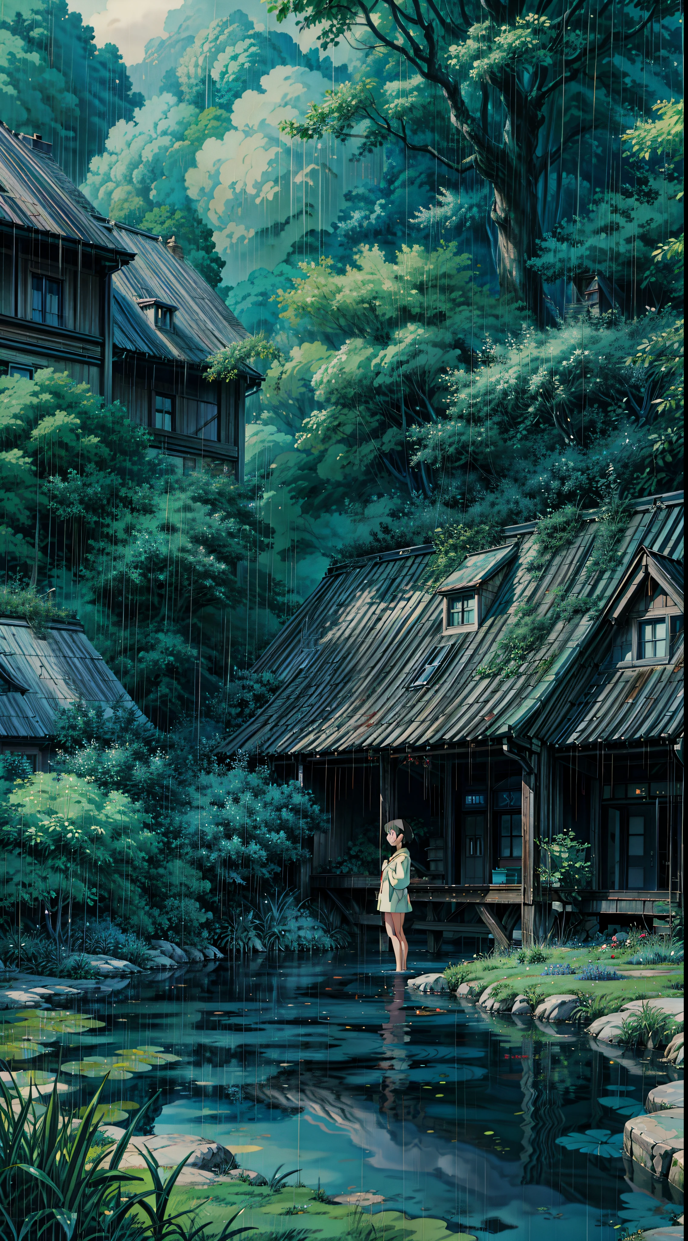 a painting of a pond surrounded by plants, rain aesthetic, still from studio ghibli, studio ghibli anime screenshot, lofi feel, moody :: studio ghibli, lofi aesthetic, from the studio ghibli film, stormy weather. makoto shinkai, studio ghibli movie still, lofi vibe, cinematic studio ghibli still, studio ghibli environment, studio ghibli still, lofi hip hop, studio ghibli painting, studio glibly makoto shinkai, cinematic studio ghibli still, studio ghibli smooth concept art, studio ghibli movie still, studio ghibli environment, ( ( makoto shinkai ) ), in the studio ghibli anime film, studio ghibli and shinkai makoto, 4k hd,, beautiful art uhd 4 k, a beautiful artwork illustration, beautiful digital painting, highly detailed digital painting, beautiful digital artwork, detailed painting 4 k, very detailed digital painting, rich picturesque colors, gorgeous digital painting, no human