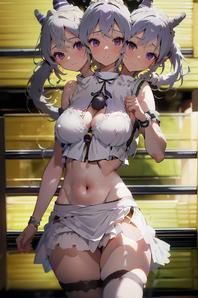 (masterpiece, best quality), best resolution, (ultra-detailed), (3heads:1.5), 1girl, (monobe no futo:1.3), masterpiece, best quality, ultra quality, ultra resolution, ultra detail, white top, crop top, ((stomach)), midriff, ((groin)), white-purple skirt, normal ears, shackles, grey hair, very long hair, wavy hair, sidelocks, grey eyes, detailed eyes, parted lips, single horn, sweat, cute, toned belly, hand on own chest, eyelashes, (24 year old woman:1.3), (masterpiece:1.5), (best quality:1.5), (beautiful detailed extremely detailed CG, extremely delicate and beautiful, depth of field, (finely detailed face), (perfect details:1.2), ( female:1.3), wide pelvis, slender, large veiny breastresolution, highres, high quality, high definition, extremely detailed, masterpiece, best quality, grey hair, long hair, alluring presence, braid, short skirt, close up, big tits, yoanese clothes, kariginu, ponytail,