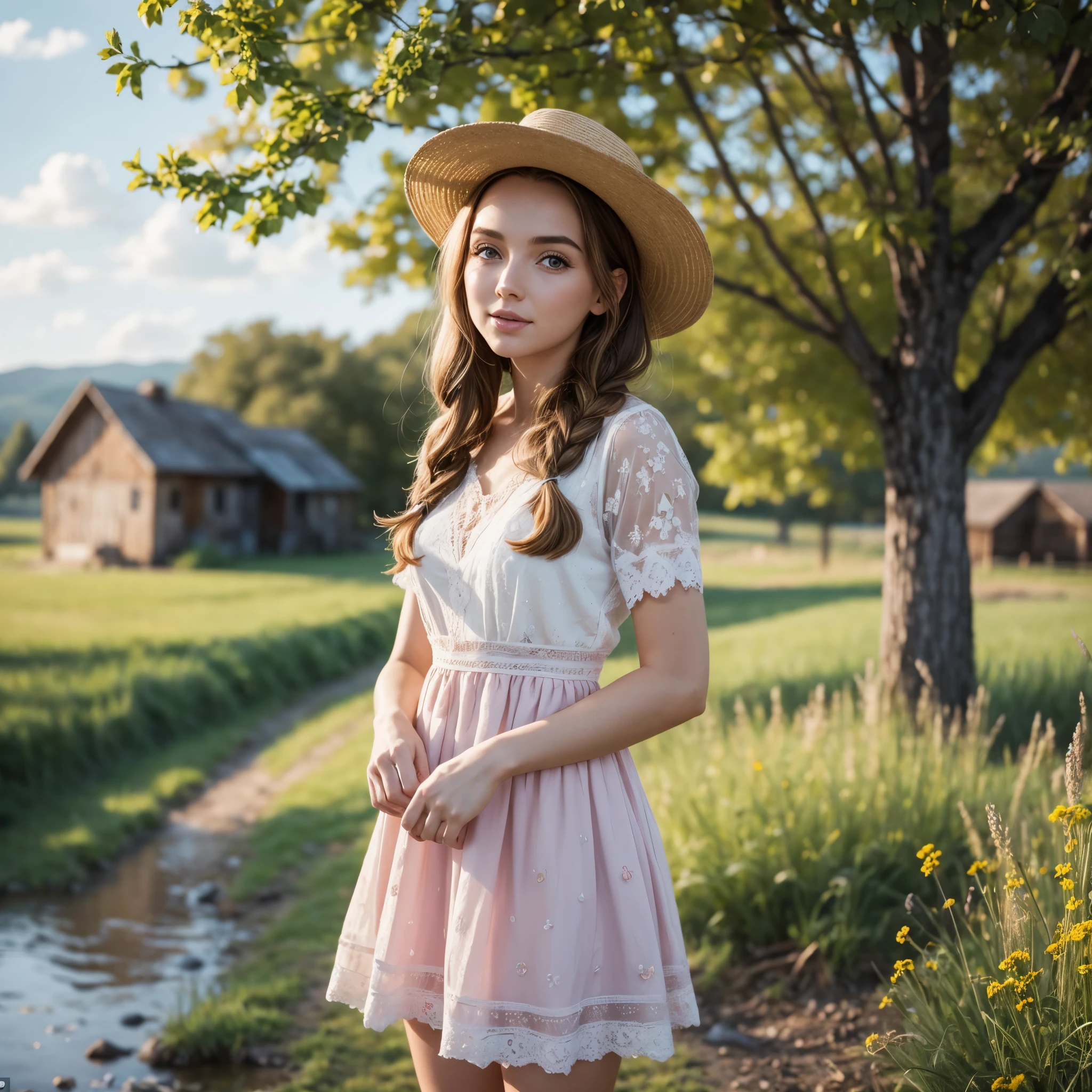1girl, 20 years old, tall and attractive, wearing a cute country dress, hair braided, standing in a rustic farm setting. She has a soft, gentle smile and expressive eyes. In the background are charming barns, golden wheat fields and clear blue skies. The composition should be bathed in warm golden hour light, with soft depth of field and soft bokeh to accentuate the idyllic tranquility. Capture images as if they were shot on vintage 35mm film for added oomph, jodie comer