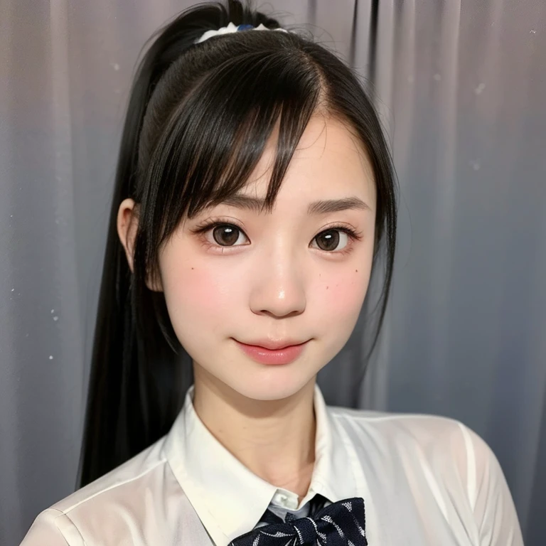(kawaii 18 year-old Japanese girl, Nogizaka idol, Korean idol), (glossy black hair, high and short ponytail:1.3), (extra rounded face, bangs, single eyelid, no makeup, soft smiling:1.2), (well shaped whitened teeth:0.7), (wearing Japanese school uniforms, collared shirt, bowtie:1.3), well shaped extra small breasts, pleated skirt, (looking at viewer:1.2), BREAK, (simple outdoor background:1.3), (portrait, id photo, close shot, view from straight forward:1.3), BREAK, (masterpiece, best quality, photo realistic, official art:1.4), (UHD, 8K quality wallpaper, high resolution, raw photo, film grain:1.2), (shiny skin), professional lighting, physically based rendering, award winning, (perfect anatomy, highly detailed skin, extremely detailed face and eyes, well drawn glittering pupils), Carl Zeiss 85 mm F/1.4, depth of field, 1girl, solo,