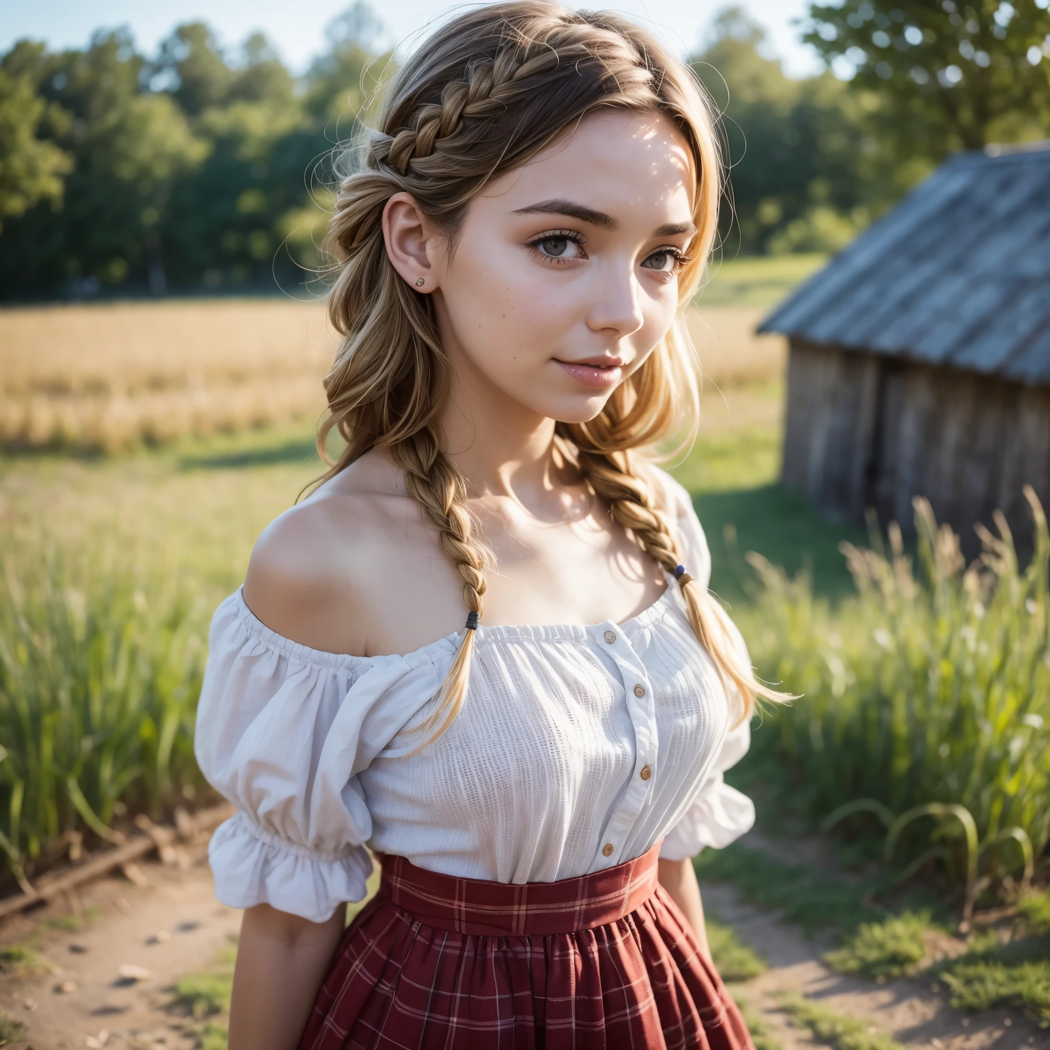 1girl, 20 years old, tall and attractive, wearing a cute country dress, hair braided, standing in a rustic farm setting. She has a soft, gentle smile and expressive eyes. In the background are charming barns, golden wheat fields and clear blue skies. The composition should be bathed in warm golden hour light, with soft depth of field and soft bokeh to accentuate the idyllic tranquility. Capture images as if they were shot on vintage 35mm film for added oomph, jodie comer