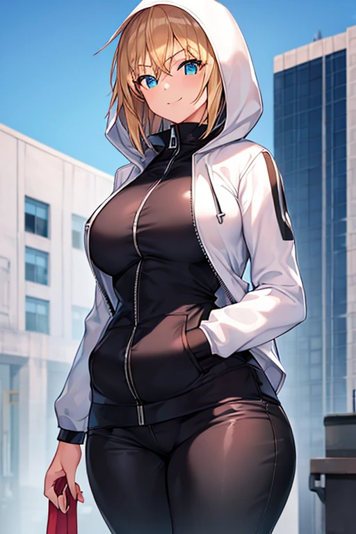 1girl, hood, jacket, hooded jacket, hood on, hood up, blonde hair, large breasts, breasts, wide hips, thick thighs, hourglass figure, white jacket, black shirt, shirt, very short hair, pants, black pants, smile, toned, toned female, urban, mature female, tall, tall female, zipper