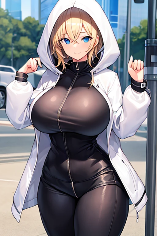 1girl, hood, jacket, hooded jacket, hood on, hood up, blonde hair, large breasts, breasts, wide hips, thick thighs, hourglass figure, white jacket, black shirt, shirt, very short hair, pants, black pants, smile, toned, toned female, urban, mature female, tall, tall female, zipper