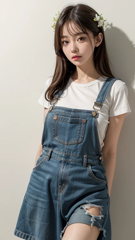dungarees skirt  white with green thin flower pattern , big breast