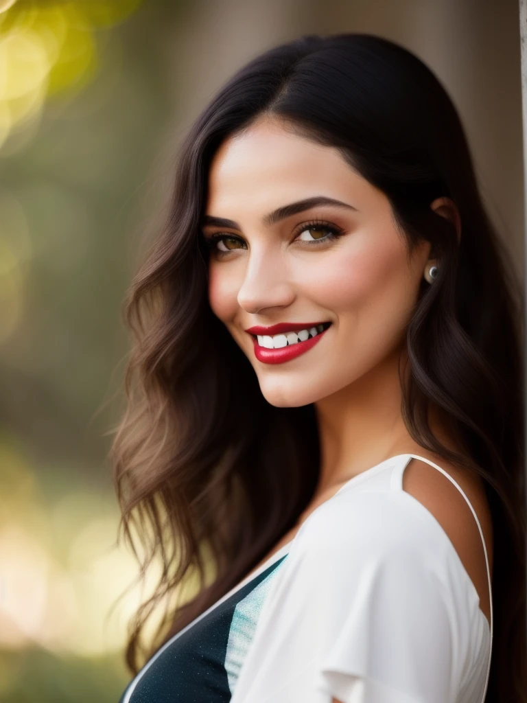 Foto de (sharp-focus:1.2), jovem atraente, (rosto bonito:1.1), olhos detalhados, redlips, (sombra:1.2), (delineador alado:1.2), (sorriso sutil:1.35), (corpo tonificado:1.2), (cabelo preto:1.2), usando ( blusa gola alta:1.2) em (clube:1.2). (dreamatic lighting: 1.2), profundidade de campo, bokeh, 4K, HDR. por (James C. Christensen:1.2|Jeremy Lipking:1.1).