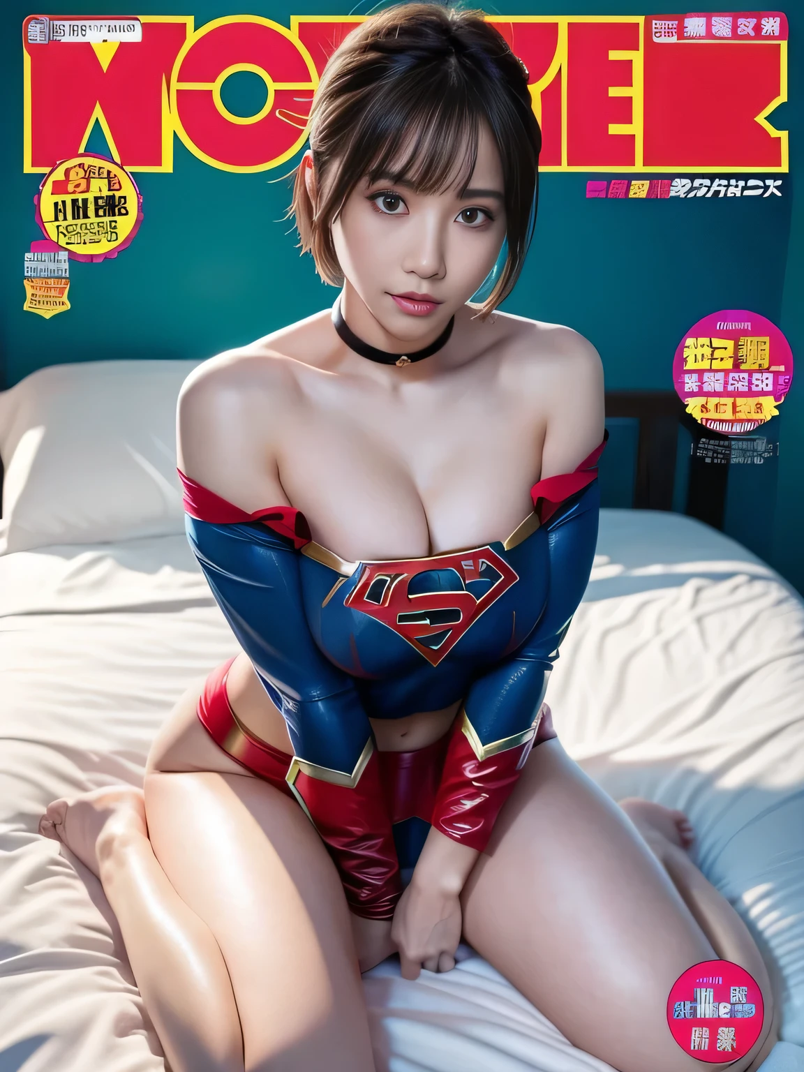 masterpiece、supergirl costume、short hair、barefoot、big and full breasts、Relax in bed、Sexy poses to seduce、model body shape、shiny、looking at camera、choker、long sleeve、red mini skirt、Weekly magazine cover、obscene、sweaty、Radical、off shoulder、Glamorous、