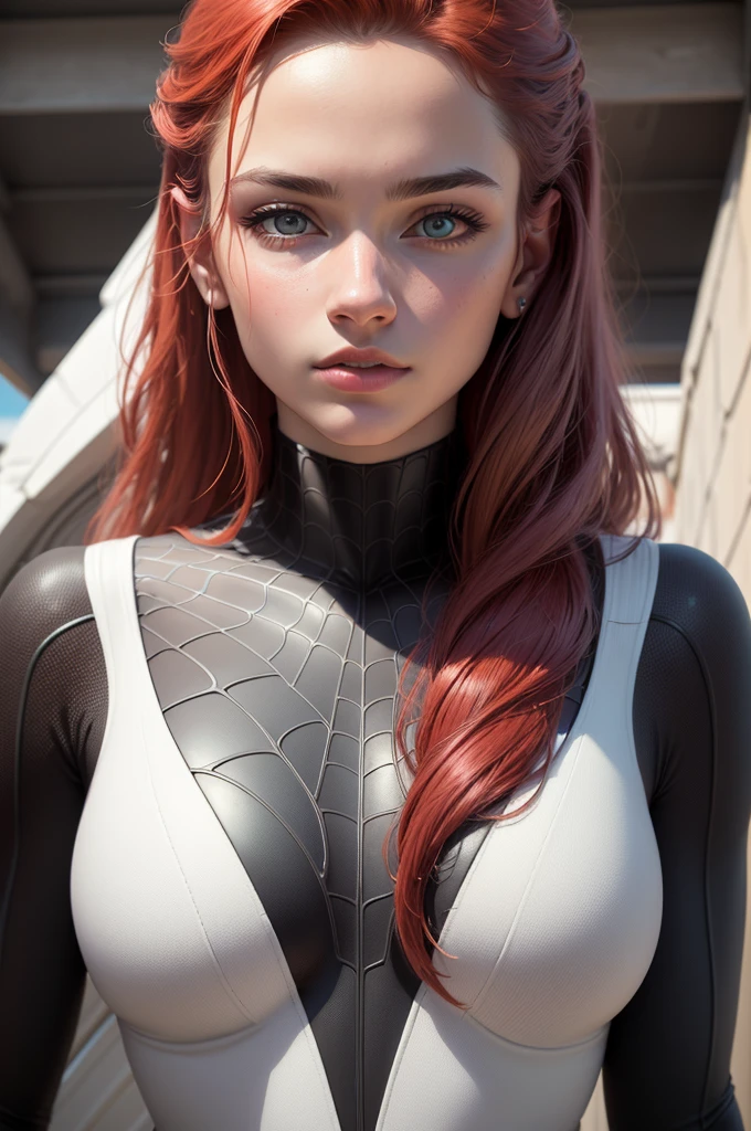 (best quality,4k,8k,highres,masterpiece:1.2),ultra-detailed,realistic:1.37,portrait,long dull hair,beautiful detailed eyes,beautiful detailed lips,white spider-man suit,red hair,18-year-old girl,perfect anatomy,standing straight,intricate details,roof