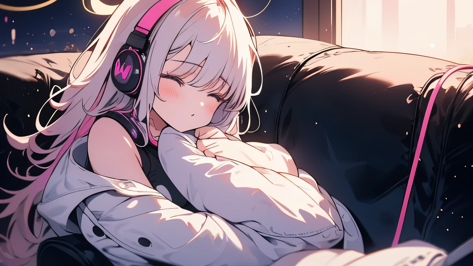 1girl, listening to music, close eyes, indoors, couch, headphones , night , (((UwU)))
