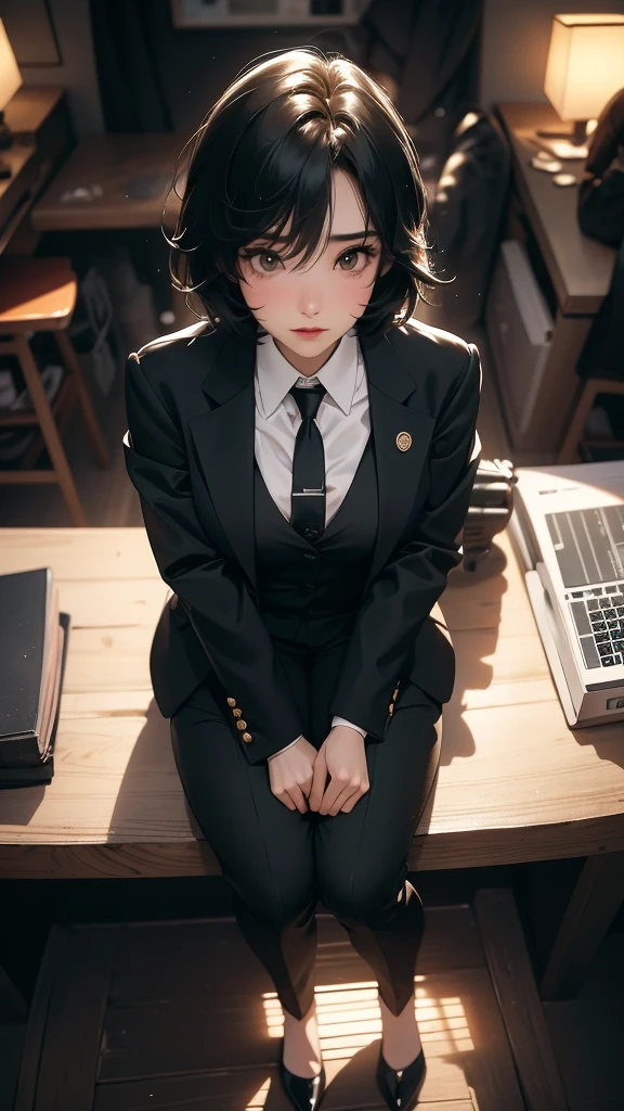 ((Highly detailed CG unit 8k wallpaper, masterpiece, High resolution, highest quality, highest qualityのリアルテクスチャスキン)), ((woman sitting at desk:1.3, upward glance, short hair, Nana Komatsu, black pants suit:1.2, He wears a black suit jacket over a white Y-shirt with a wide open chest.:1.2, high heels)), (((inside the office, evening))), (Angle from above:1.3, Fisheye Shot:1.5), hyper realistic, digital painting, concept art,