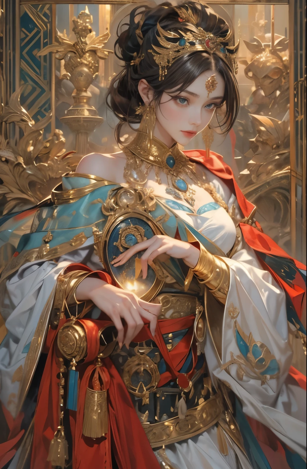 Gold and red tones、fantasy、Ancient mythology、ancient mesopotamia、Dusk time、Mysterious、solemnity、majestic、highest quality, masterpiece、Ishtar, Mystery Queen, Guardian of royal power、Guardian of Babylon the Great、increase fighting spirit、Great Goddess of Babylon, majestic Hall々、Brave、glory of babylon、Honor of Babylon、treasure of babylon, Unparalleled beauty with long eyes、refinement、Noble、i am proud、Wearing Noble jewelry、Equip your weapons、looks like fancy golden armor、cloak fluttering in the wind、Tall and lean、fiery red long hair、perfect angle、perfect composition、Low - Angle、Full body Esbian, Works that influenced Chen Yifei, Works that influenced Francesco Hayes, Inspired by Hendrik Terbruggen, Jean=Works that influenced Auguste Dominique Ingres, Works that influenced Liu Jun, Jean=Works that influenced Auguste Dominique Ingres, highest quality, perfect angle, perfect composition, best shot, official art, cinematic light, figurative art, Beautiful and expressive paintings, Beautiful artwork illustration, wonderful, cool beauty, clear, Mysterious, masterpiece, highest quality, official art, Very delicate and detailed painting style, Beautiful painting art, perfect light, perfect composition, perfect angle, The perfect subject, best shot, women only, sharp outline, pretty much beautiful face, Very beautiful and delicate eyes, delicate and beautiful eyes, close