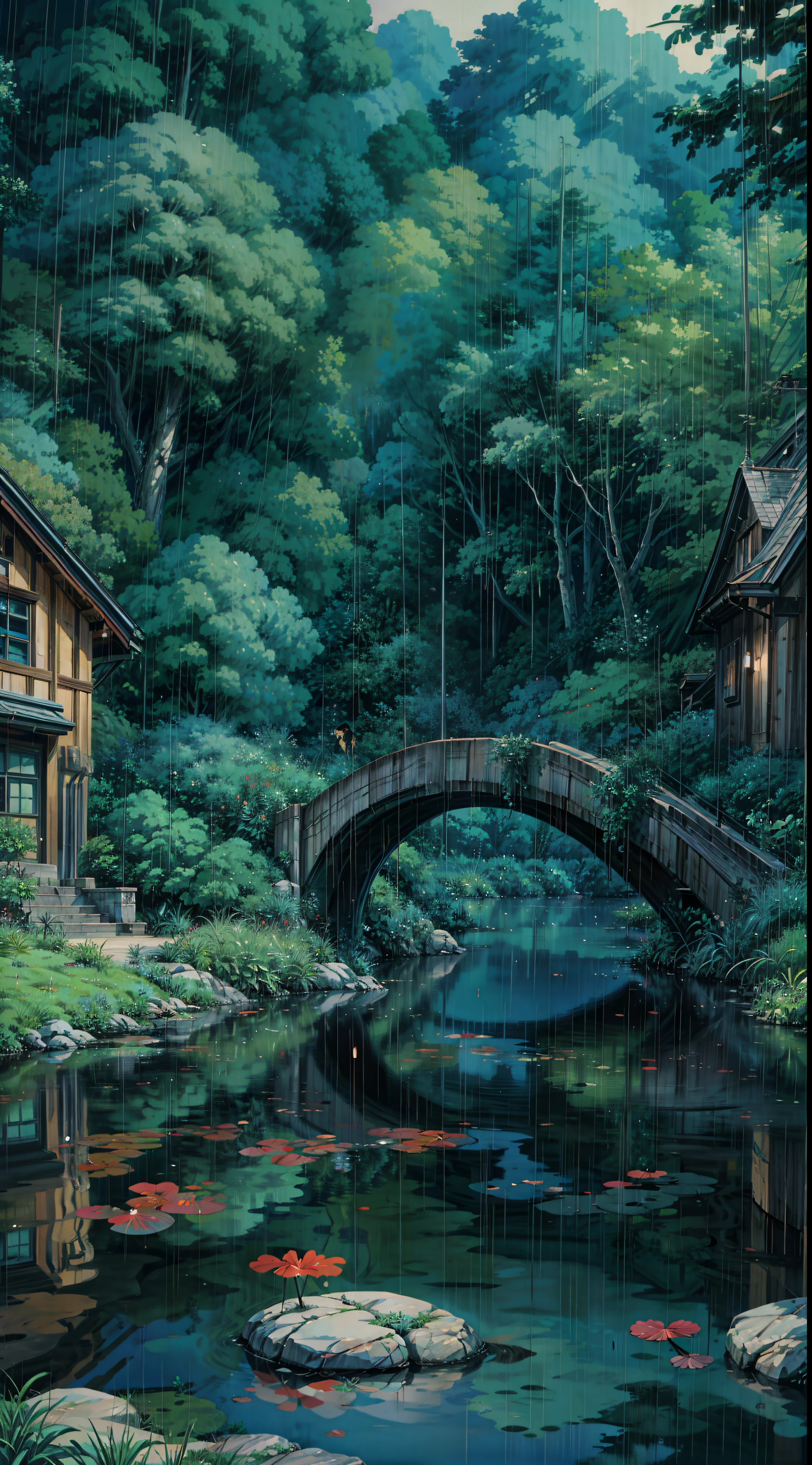 a painting of a pond surrounded by plants, rain aesthetic, still from studio ghibli, studio ghibli anime screenshot, lofi feel, moody :: studio ghibli, lofi aesthetic, from the studio ghibli film, stormy weather. makoto shinkai, studio ghibli movie still, lofi vibe, cinematic studio ghibli still, studio ghibli environment, studio ghibli still, lofi hip hop, studio ghibli painting, studio glibly makoto shinkai, cinematic studio ghibli still, studio ghibli smooth concept art, studio ghibli movie still, studio ghibli environment, ( ( makoto shinkai ) ), in the studio ghibli anime film, studio ghibli and shinkai makoto, 4k hd,, beautiful art uhd 4 k, a beautiful artwork illustration, beautiful digital painting, highly detailed digital painting, beautiful digital artwork, detailed painting 4 k, very detailed digital painting, rich picturesque colors, gorgeous digital painting