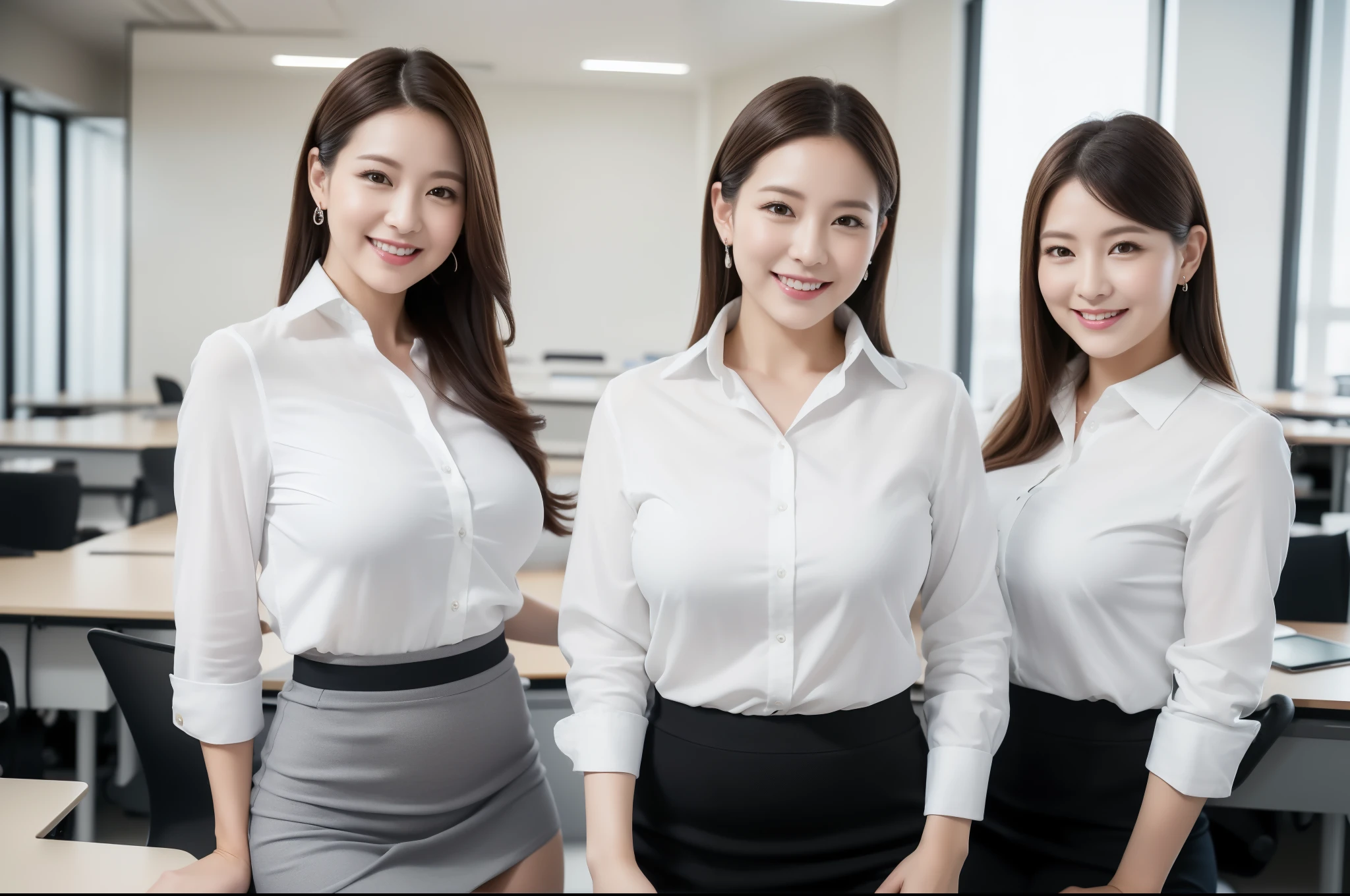 ((Best Quality, 8k, Masterpiecedetails, ultra-high resolution)), (looking at the viewer), (full shot:), attractive business 5 milfs, 5 people, a bit chubby:0.25, white collared shirt, grey skirt, (sitting with cross legs on office desks)), smile, office of CEO,