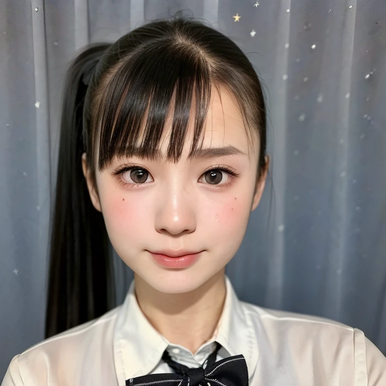 (kawaii 18 year-old Japanese girl, Nogizaka idol, Korean idol), (glossy black hair, high ponytail, short ponytail:1.3), (extra rounded face, bangs, single eyelid, no makeup, soft smiling:1.2), (well shaped whitened teeth:0.7), (wearing Japanese school uniforms, collared shirt, bowtie:1.3), well shaped extra small breasts, pleated skirt, (looking at viewer:1.2), BREAK, (simple outdoor background:1.3), (portrait, id photo, close shot, view from straight forward:1.3), BREAK, (masterpiece, best quality, photo realistic, official art:1.4), (UHD, 8K quality wallpaper, high resolution, raw photo, film grain:1.2), (shiny skin), professional lighting, physically based rendering, award winning, (perfect anatomy, highly detailed skin, extremely detailed face and eyes, well drawn glittering pupils), Carl Zeiss 85 mm F/1.4, depth of field, 1girl, solo,