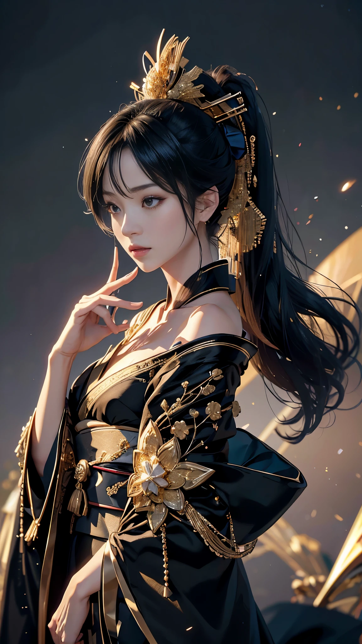 profile,Facing the viewer,((watching at viewers)),Gounio on dark background(kyoto、starryskybackground,Dense background),Perfect hand、Woman with shiny black hair,((3D with 3D effects)),Break the ponytail、exquisite costumes{Luxury kimono(Colorful kimono(Delicate gold embroidery,))}、face perfect,Depicting a beautiful and elegant Japanese woman。heart in the eyes。 Wallpaper 8k, .Blur the background with a sickle,((masutepiece)), ((Best quality)),{{Photorealistic}}