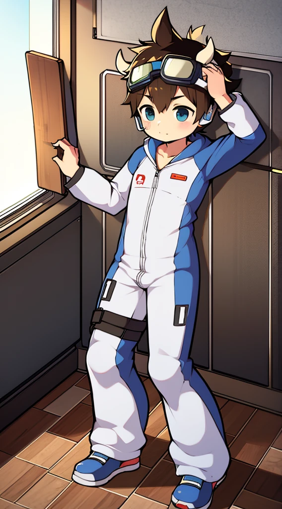 2D boy Shota,One-piece ski suit,Put the headphones on your head,standing,goggles,horns,cow ears,sports shoes,classroom,