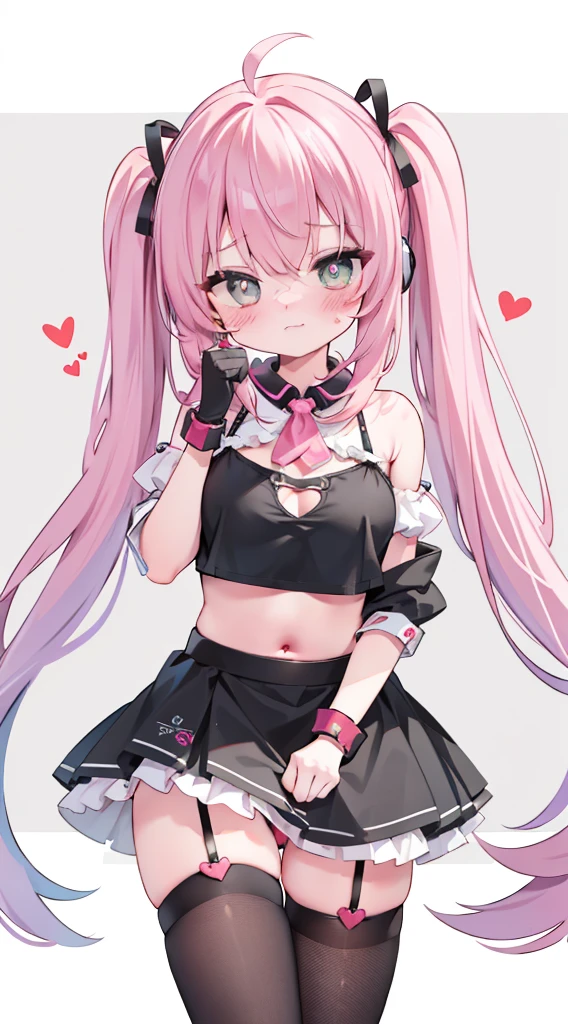 1petite , solo.pink hair, feather hair ornament, blunt bangs, twintails, antenna hair, alternate hair length, light blush, beautiful detailed eyes, aqua eyes, heart in eye, heart-shaped pupils, seductive smile, embarrassed , excited, shy, blush, naughty_face, endured_face, saliva, yellow eyes, huge breasts, between breasts, breasts apart, hanging breasts, bouncing breasts, breasts out, bare_shoulders, tank_top, black sports bra , crop top, buruma, loose socks, socks removed, fishnet thighhighs, socks over thighhighs, black thighhighs, uwabaki, maid_headdress, armband, armlet, arm strap, elbow gloves , headphones around neck, half gloves , bandaid, legs_up, shirt lift, undressing, adjusting_thighhigh, sexy lingerie, transparent underwear, humiliation, bra_lift, panties_around_one_leg, public, virgin,