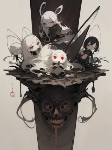 (,(masterpiece), (High resolution), (super delicate), (masterpiece: 1.2, highest quality), scribble, nightmare, doll-like face, cartoon style, rough sketch, Comic style illustration, Japanese painting, full body,(snap shot), flat illustration, creepy appearance, unique atmosphere、Insect world