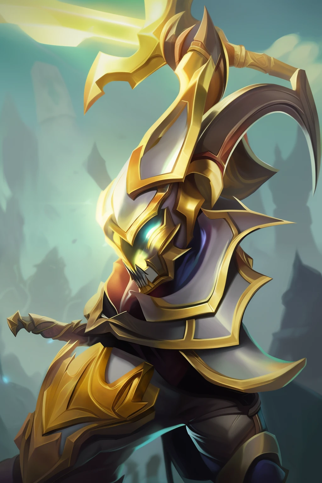 um close de uma pessoa com espada e armadura, inspirado em Yi Inmun, inspirado em Yi Insang, espada, dota 2 hero, imagem de avatar, inspirado em Yi Jaegwan, brandindo alabarda, paladino de ouro, gift of God, O nariz, Arte inicial, personagem de liga das lendas, personagem dota, dota 2 hero, leblanc
