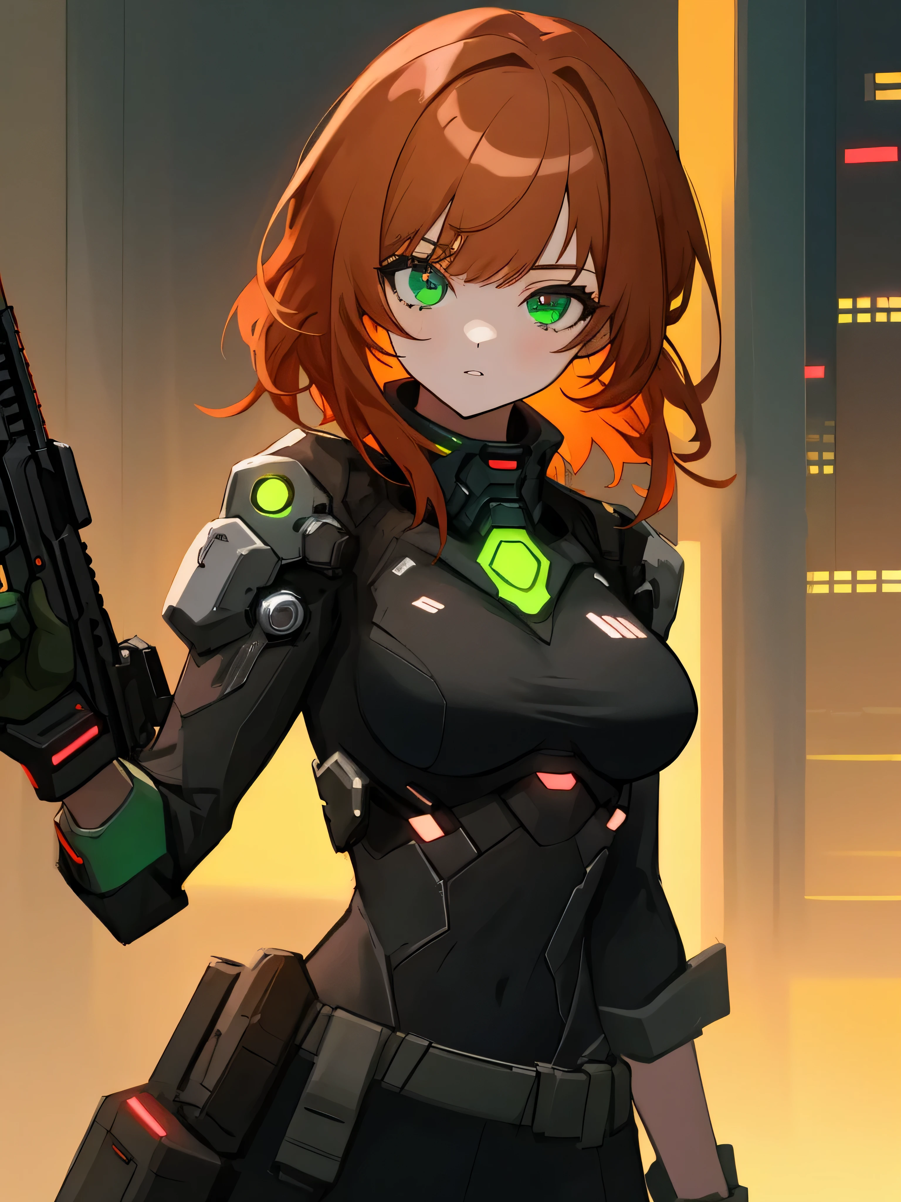 (masterpiece, best quality, absurdres, very detailed eyes), 1girl, solo, solofocus, medium breasts, ginger hair, medium hair, green eyes, bangs, closeup, ager, cyberpunk, black clothing, night, outside, neon, skyscrapers, gun