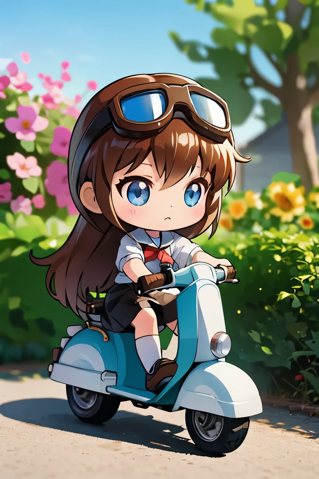 （）Please express the contents inside with a chibi girl doll.（Photoreal、Kickboard Racer、goggles、youth、after school、garden）