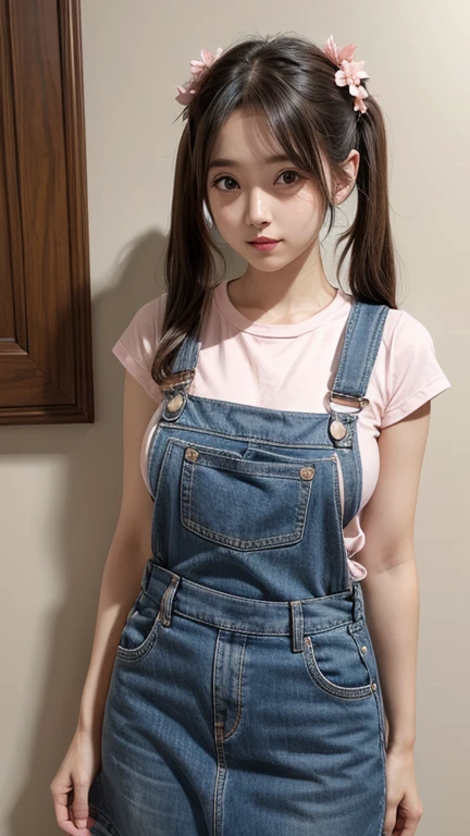 dungarees skirt pink pattern thin flower pattern , big breast , twin tails hair