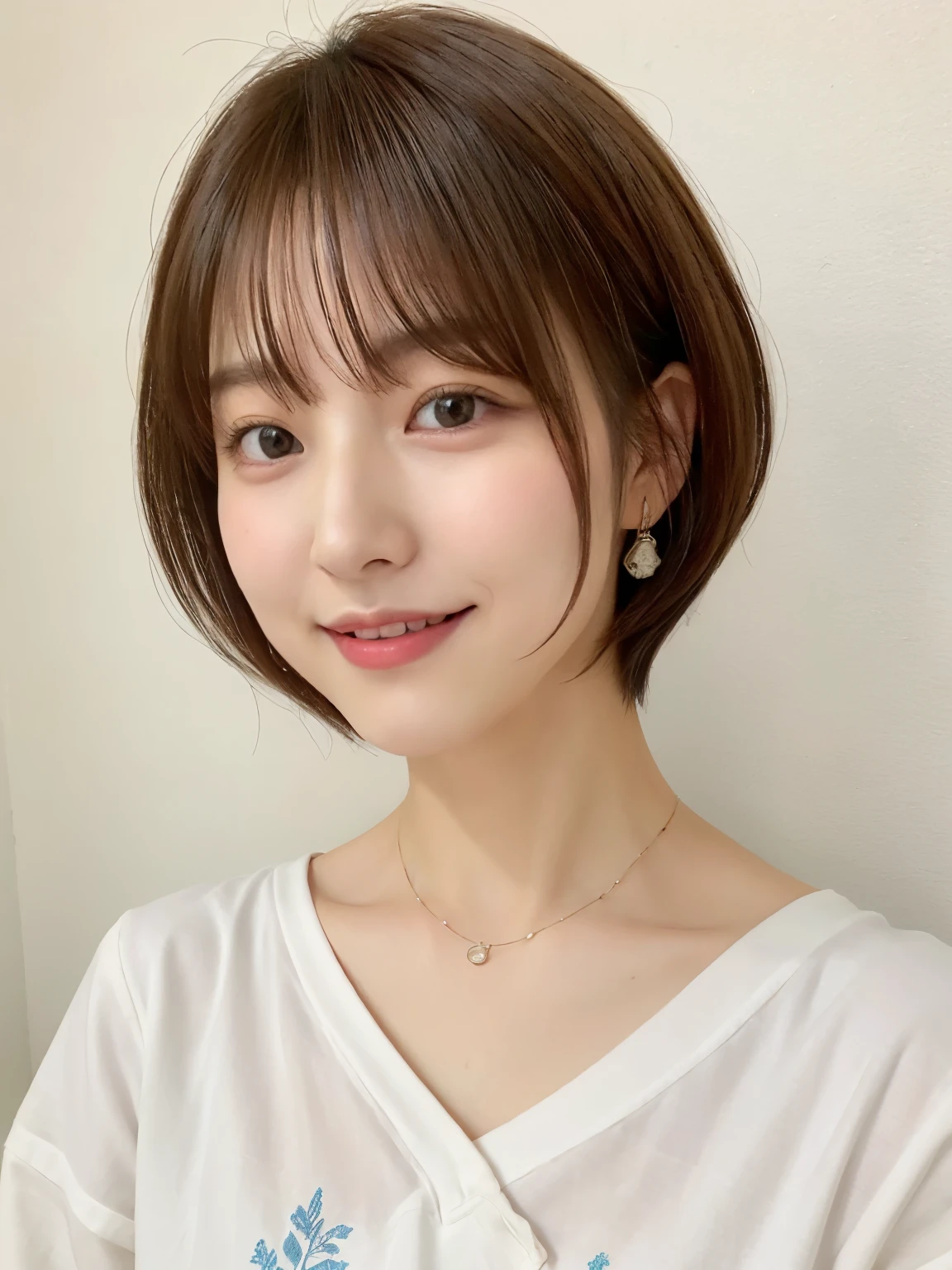 (highest quality、8K、32k、masterpiece、nffsw:1.2)、Photo of beautiful Japan woman in her 30s、very short hair、short hair、shortcut、Upper body、necklace、shot from above、don&#39;t look at the camera、(realistic、Photoreal:1.37)、1 girl、Photographed in natural light、Physically based rendering、excellent image quality、High resolution、1080p、(Detailed facial description)、(Detailed explanation of hands)、(Detailed CG)、Rich details、(exquisite features)、(best image quality)、(masterpiece)、(fine eyes)、delicate clavicle、Various poses、profile、white wall、Taken in front of the white door、(窓のあるwhite wallの部屋)、earrings、laughter、spring clothes、((long sleeve dress))