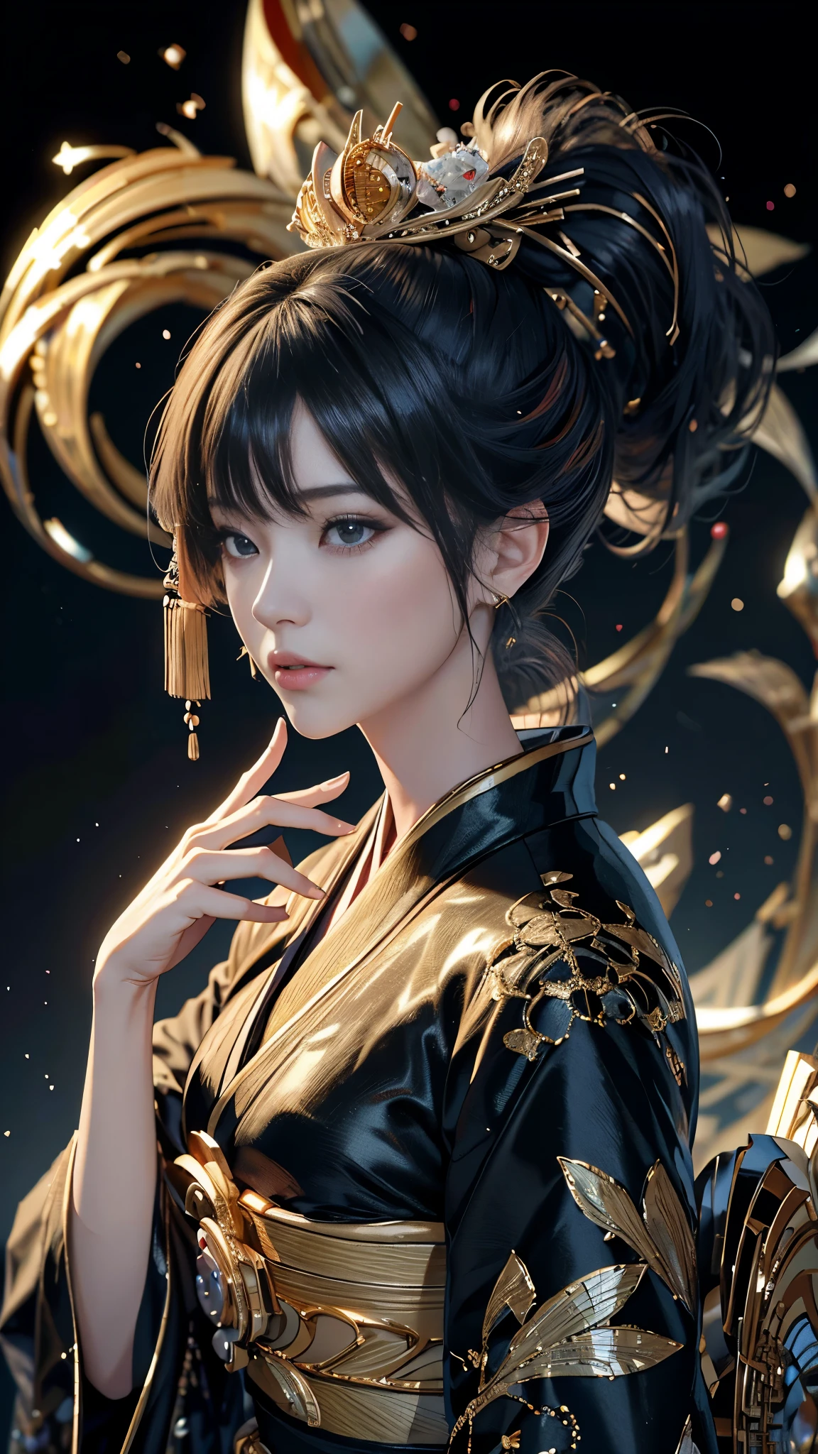 profile,Facing the viewer,((watching at viewers)),Gounio on dark background(kyoto、starryskybackground,Dense background),Perfect hand、Woman with shiny black hair,((3D with 3D effects)),Break the ponytail、exquisite costumes{Luxury kimono(Colorful kimono(Delicate gold embroidery,))}、face perfect,Depicting a beautiful and elegant Japanese woman。heart in the eyes。 Wallpaper 8k, .Blur the background with a sickle,((masutepiece)), ((Best quality)),{{Photorealistic}}