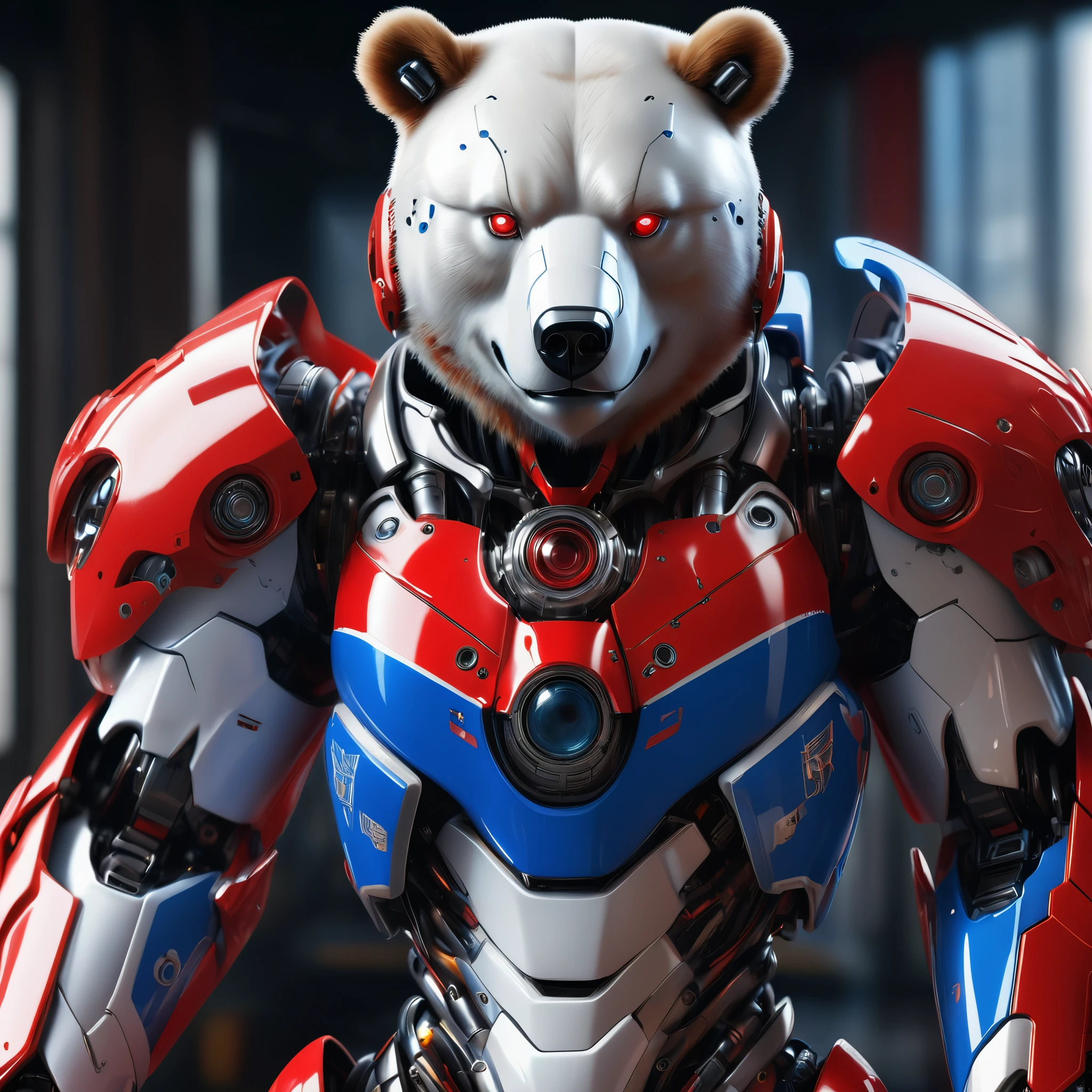 an ultra detailed, hiper realism, digital art, of a mecha bear, white eyes, with in an elegant red and blue cyborg armor with mechanic parts and cyborg helmet with the russia flag on background photo , sci-fi armor, super detailed armor, carbon textures, ghost in the shell, deus ex, full body shot, action pose, ultra sharp focus, award winning photography, perfect contrast, high sharpness, depth of field, ultra detailed photography, global illumination, smooth, 35mm, full body vision, ultra high definition, 8k, unreal engine 5, ultra sharp focus, award winning photography, trending on artstation
