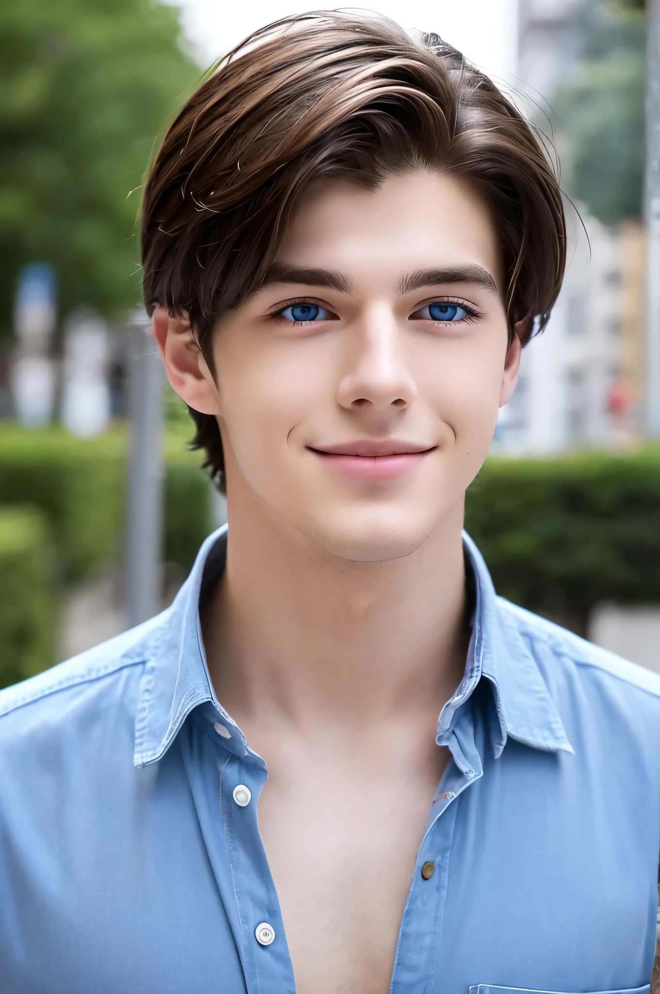 Draw, guy about 22 years old, with bright blue eyes, that give off a feeling of confidence and determination. His short brown hair is neatly styled, emphasizing the symmetry of his face. Clean skin gives it an elegant look. He is tall with a toned figure, which adds to his attractiveness and charisma. There's a smile on his face, reflecting friendliness and spontaneity,3D model, photo realism