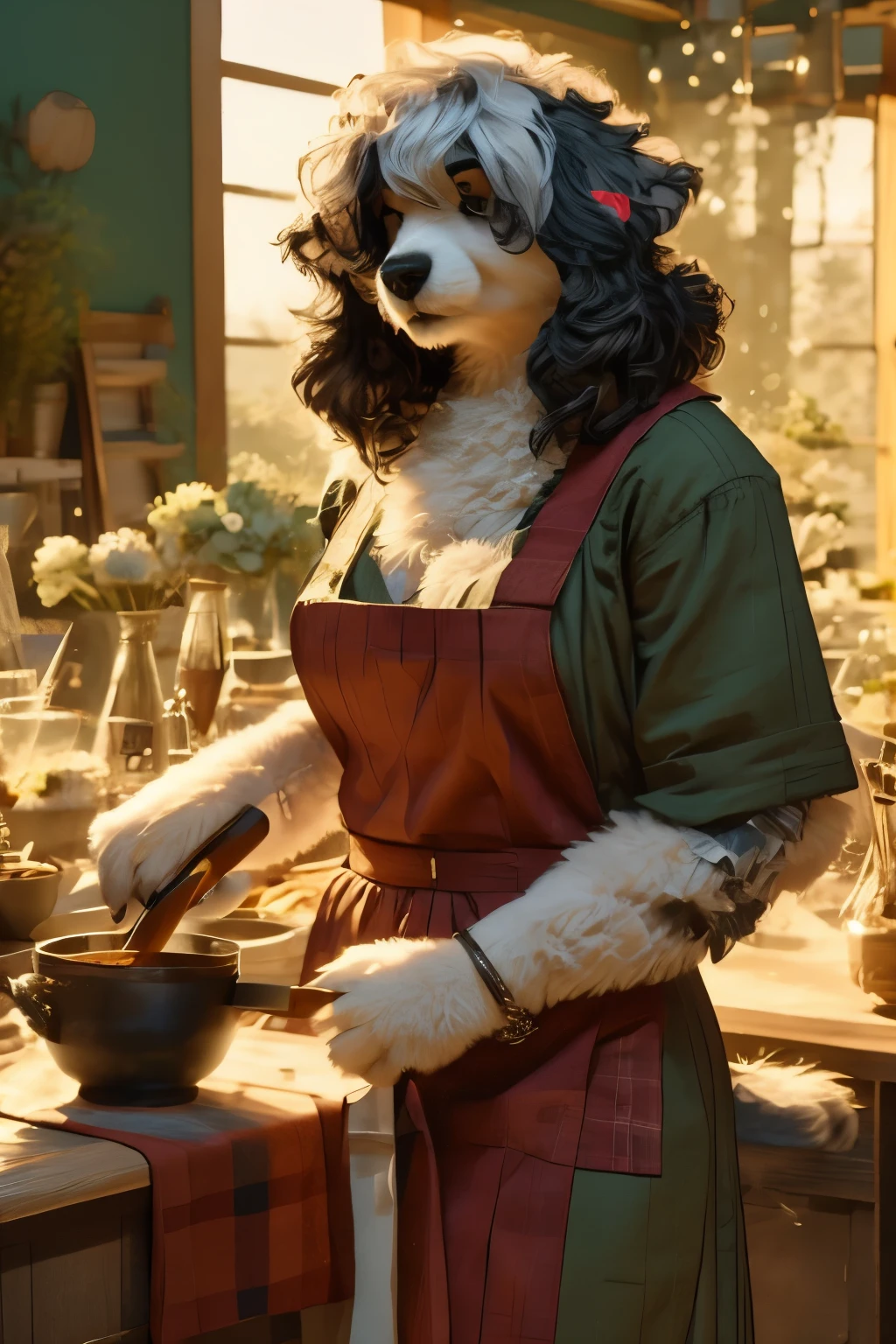 an old english sheepdog farm wife wearing a farm dress and apron doing the dishes while looking out the window, masterpiece, best, photo realistic, anthro sheep dog farmwife