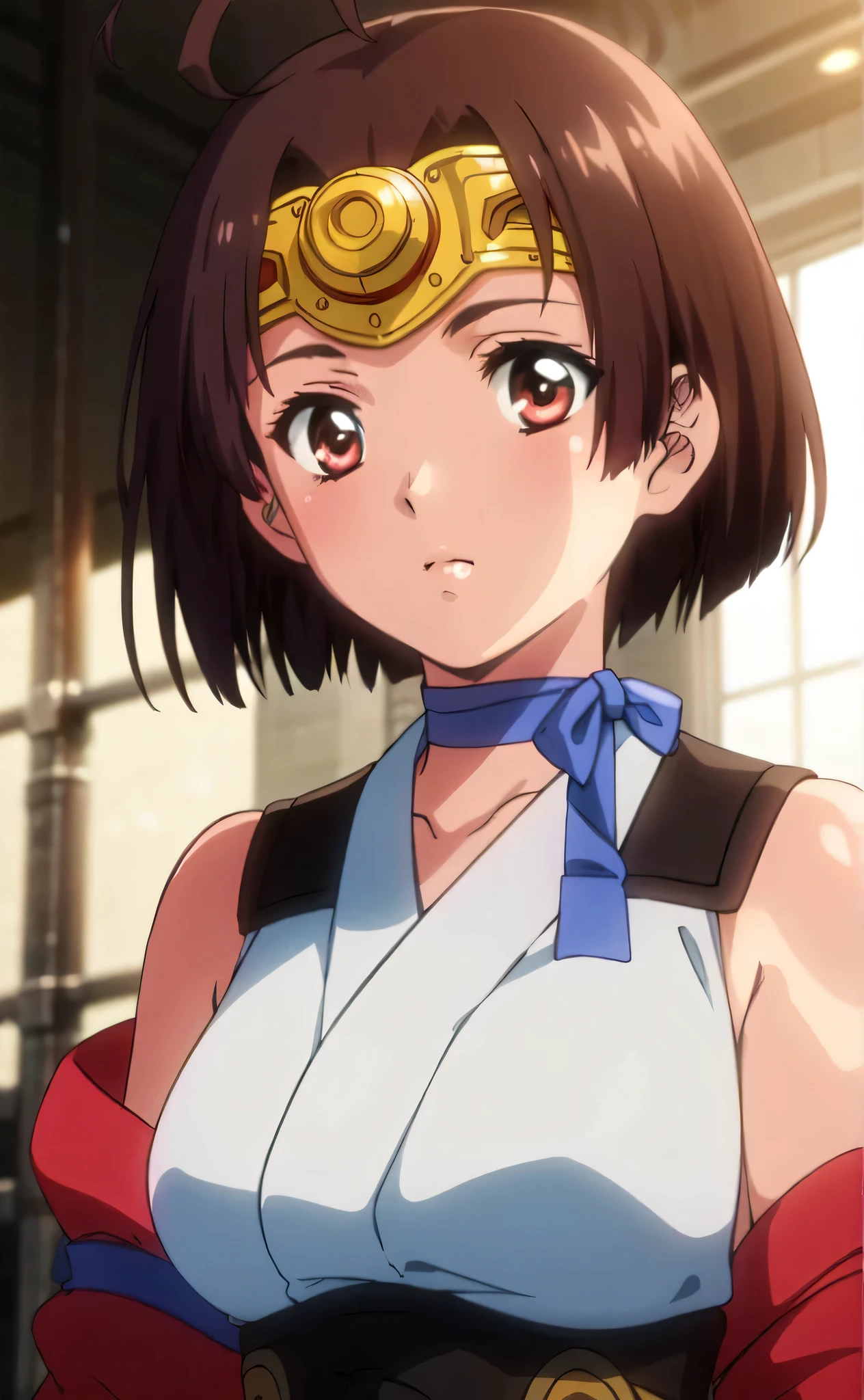 short hair, brown hair, ribbon choker, choker, ribbon, red eyes, upper body, brown eyes, headpiece,ahoge, looking at viewer, japanese clothes,