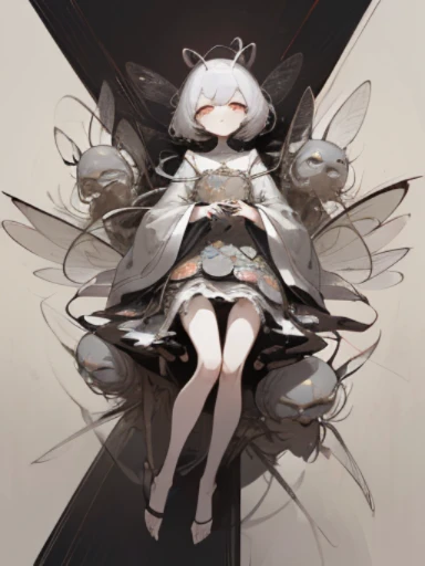 (,(masterpiece), (High resolution), (super delicate), (masterpiece: 1.2, highest quality), scribble, nightmare, doll-like face, cartoon style, rough sketch, Comic style illustration, Japanese painting, full body,(snap shot), flat illustration, creepy appearance, unique atmosphere、A human being surrounded by a large number of insects