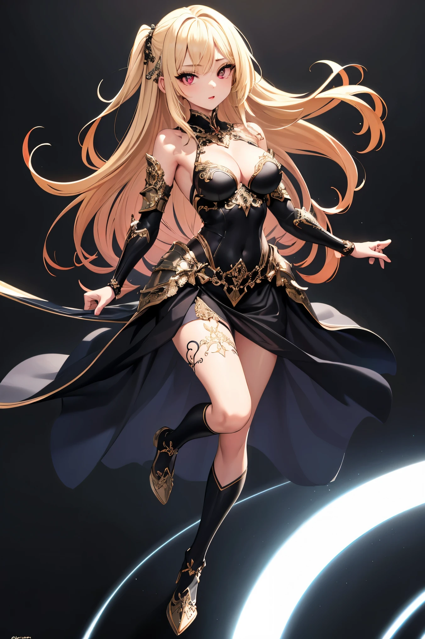 1girl, anime, cute girl, blank background, white background, fantasy, detailed fantasy dress with highlights, beautiful face, beautiful eyes, dark colors, black hair with multicolor streaks, red eye with different color pupil in eye, multicolor eye, medium small breasts (slightly big), slight cleavage, beautiful skin, cute, breast curtains, extremely delicate and beautiful, (beautiful detailed face:1.0), (detailed deep eyes), symmetrical breasts, deep eyes, shiny skin, portrait, slender waist, hips wider than shoulders, thighs, expressionless, young girl, luminous eyes, adorable,(Kpop idol),(aegyo sal:1),(Platinum blonde hair:1),((puffy eye)),Black panty,sexy posture,Superskirt, ultra high resolution,Black collar,slim figure, Abdominal y tattoo, womb tattoo,Tight-fitting leg ring,y tattoo on half-body,Bare skin, Armored hand,Hidden fingertips,Hand covered,Arm covered,Fist covered,{{beautiful detailed fingers}}, tufts of hair, moderate beautiful breast:1.0,(masterpiece:1.2), best quality, high-res, HDR, perfect face, intricate armor, delicate blue filigree, intricate filigree, red metalic parts, detailed part, dynamic pose, dynamic lights,