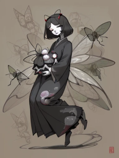 (,(masterpiece), (High resolution), (super delicate), (masterpiece: 1.2, highest quality), scribble, nightmare, doll-like face, cartoon style, rough sketch, Comic style illustration, Japanese painting, full body,(snap shot), flat illustration, creepy appearance, unique atmosphere、A human being surrounded by a large number of insects
