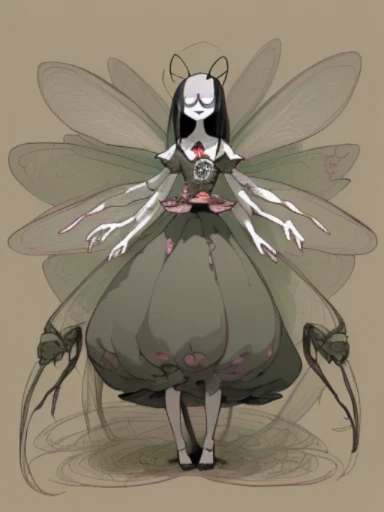 (,(masterpiece), (High resolution), (super delicate), (masterpiece: 1.2, highest quality), scribble, nightmare, doll-like face, cartoon style, rough sketch, Comic style illustration, Japanese painting, full body,(snap shot), flat illustration, creepy appearance, unique atmosphere、A human being surrounded by a large number of insects