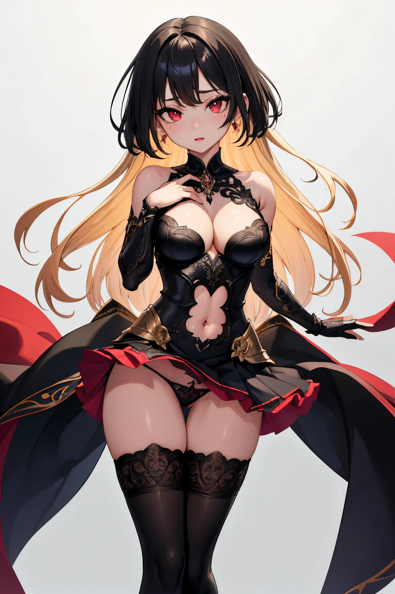 1girl, anime, cute girl, blank background, white background, fantasy, detailed fantasy dress with highlights, beautiful face, beautiful eyes, dark colors, black hair with multicolor streaks, red eye with different color pupil in eye, multicolor eye, medium small breasts (slightly big), slight cleavage, beautiful skin, cute, breast curtains, extremely delicate and beautiful, (beautiful detailed face:1.0), (detailed deep eyes), symmetrical breasts, deep eyes, shiny skin, portrait, slender waist, hips wider than shoulders, thighs, expressionless, young girl, luminous eyes, adorable,(Kpop idol),(aegyo sal:1),(Platinum blonde hair:1),((puffy eye)),Black panty, posture,Superskirt, ultra high resolution,Black collar,slim figure, Abdominal y tattoo, womb tattoo,Tight-fitting leg ring,y tattoo on half-body,Bare skin, Armored hand,Hidden fingertips,Hand covered,Arm covered,Fist covered,{{beautiful detailed fingers}}, tufts of hair, moderate beautiful breast:1.0,(masterpiece:1.2), best quality, high-res, HDR, perfect face, intricate armor, delicate blue filigree, intricate filigree, red metalic parts, detailed part, dynamic pose, dynamic lights,