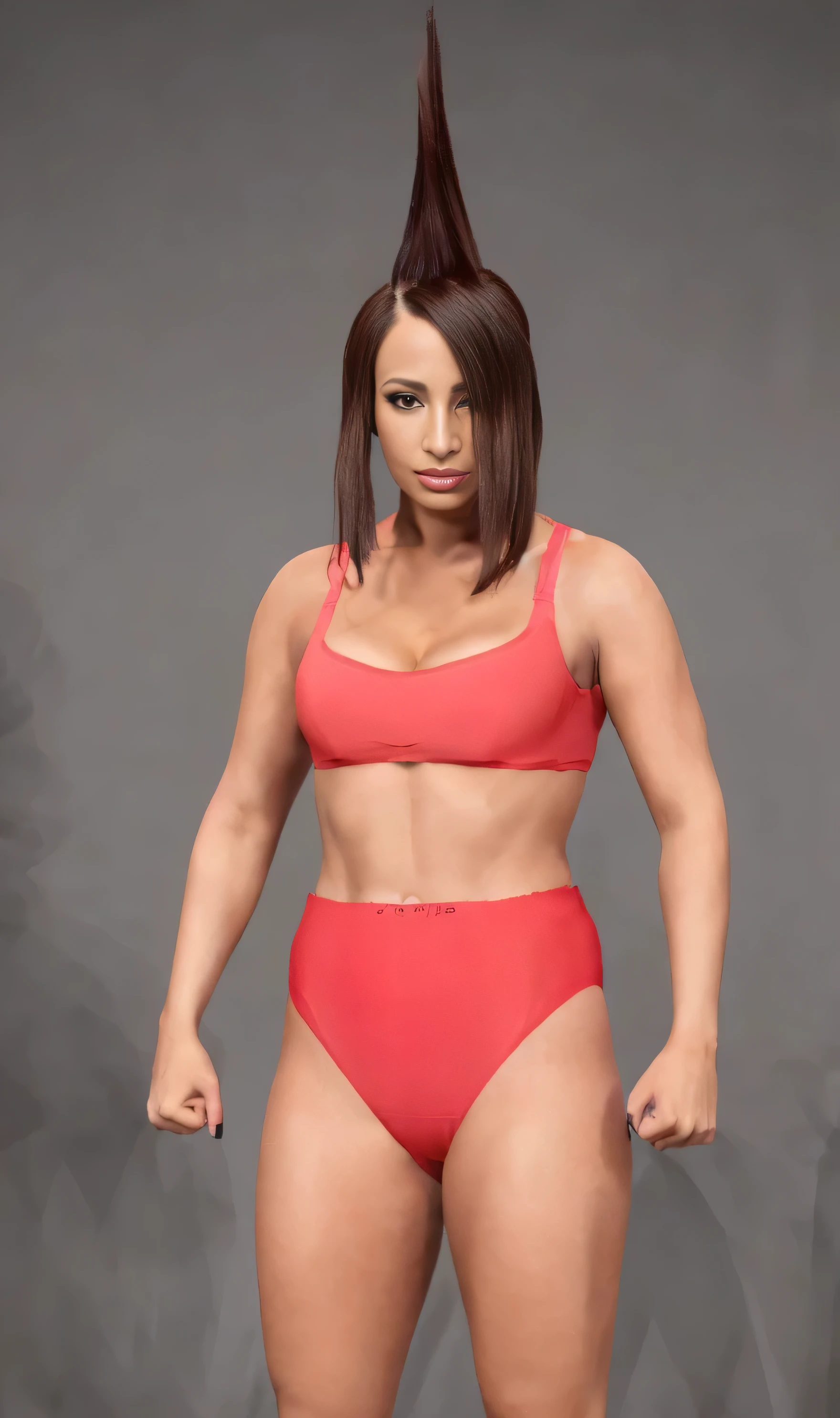 ((masterpiece, best quality)), ((37 year old)), (((Curvy))), (((Latina with brown mohawk hair and bangs)), in white sports bra, ((white high cut panties)), Standing in front of a grey screen, (((photo realistic)))