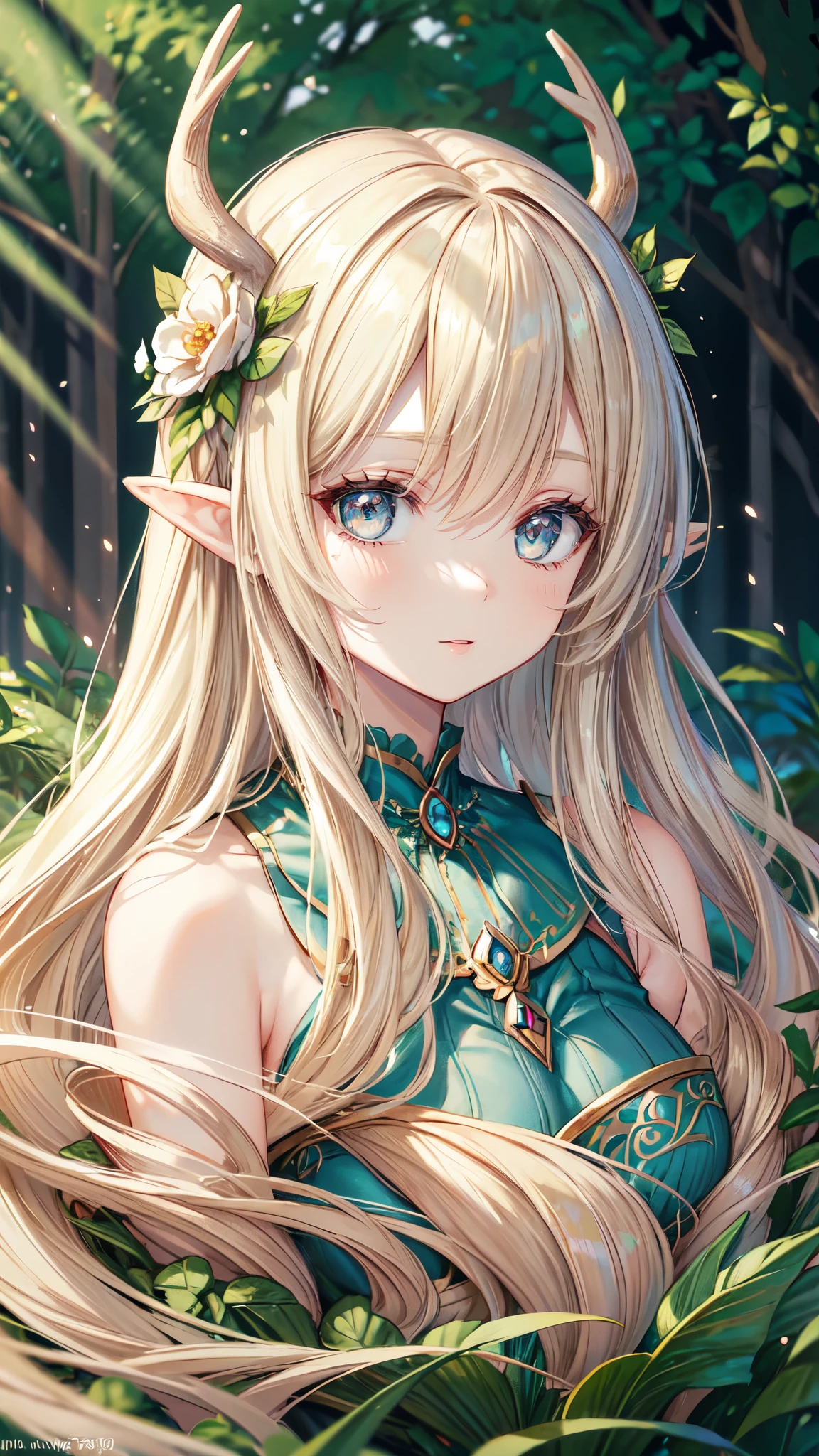 high quality, masterpiece, Delicate facial features, Delicate hair, Delicate eyes, Delicate hair, anime girl, deer antlers color hair, florals, Dreamy style, Fantastic flower garden, fantasy style clothing, Romantic dress, beautiful and elegant elf queen, Fantasy art style, Anime fantasy illustration, fey queen of the summer forest, anime art nouveau, goddess of the forest, portrait of an elf queen, A beautiful artwork illustration，8K high quality detailed art（Delicate facial portrayal）（Fine hair depiction）（highest quality）（masterpiece) 8k wallpaper，masterpiece, Best quality at best, ultra - detailed, detailed eyes, detailed face, half naked