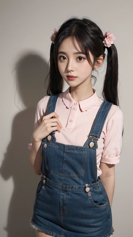 dungarees skirt pink pattern thin flower pattern , big breast , twin tails hair